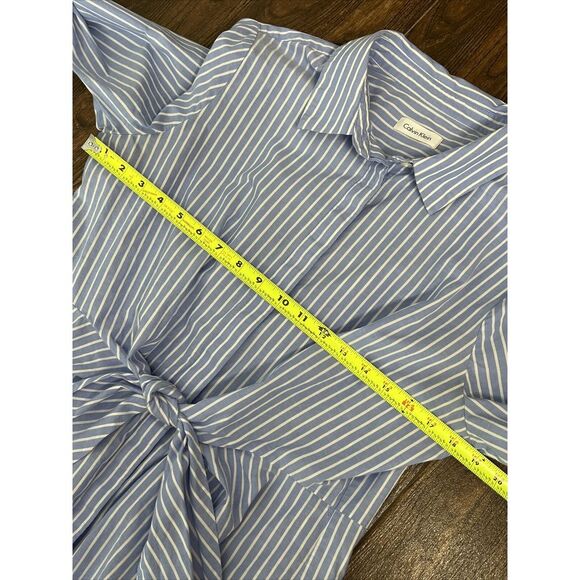 CALVIN KLEIN BLUE WHITE STRIPED LONG SLEEVE BUTTON UP TIE COTTON SHIRT DRESS 6? - Picture 11 of 15
